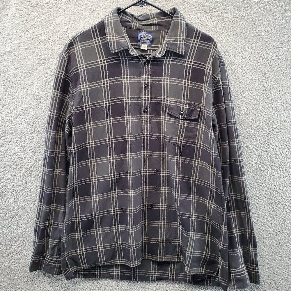 J Crew Sportsman Outfitter Mens Gray Sz XL Plaid Pullover 1/4 Button Long Sleeve